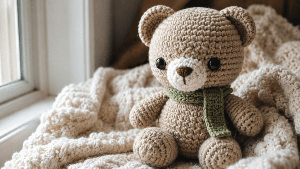 Handmade crochet teddy bear amigurumi close-up