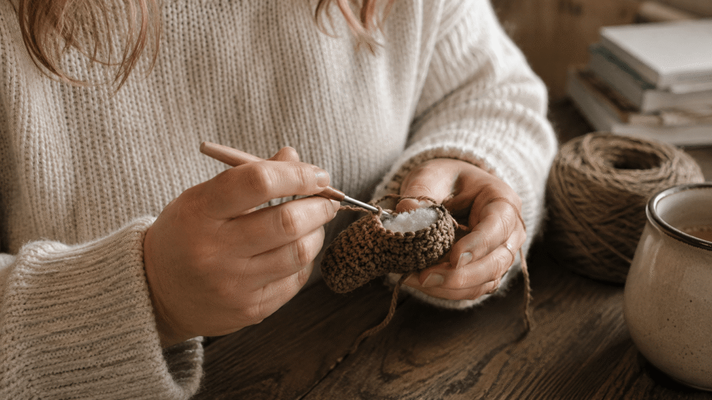 Hands crocheting a half-finished amigurumi piece