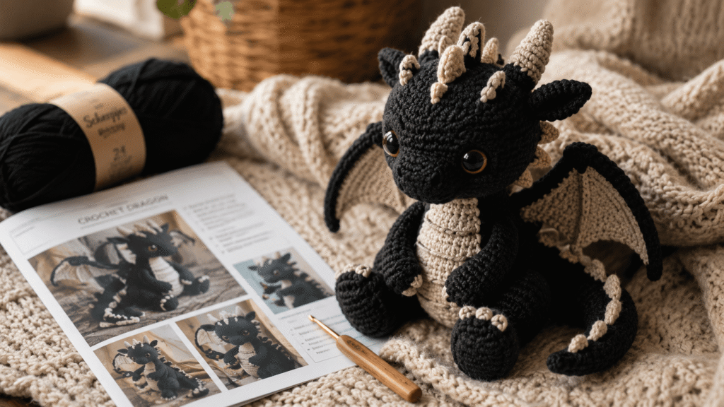 Finished amigurumi with a printed crochet pattern