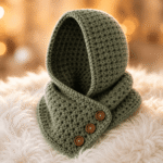 Woman wearing sage-green hooded cowl crochet pattern
