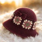 Burgundy crochet bucket hat with floral granny-square trim and bow