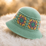 Sage-green motif crochet bucket hat with granny-square band