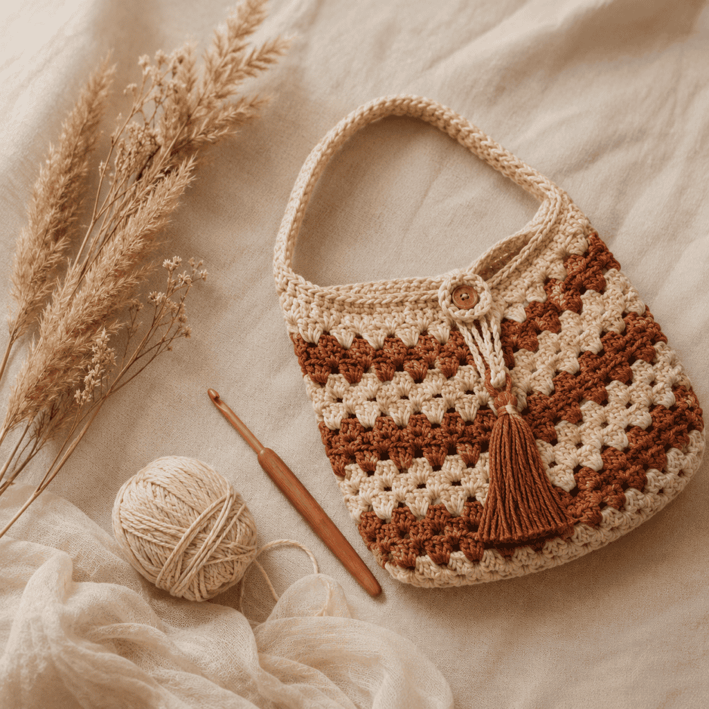 Handmade crochet bag with tassel, perfect for 2026 crochet trends.