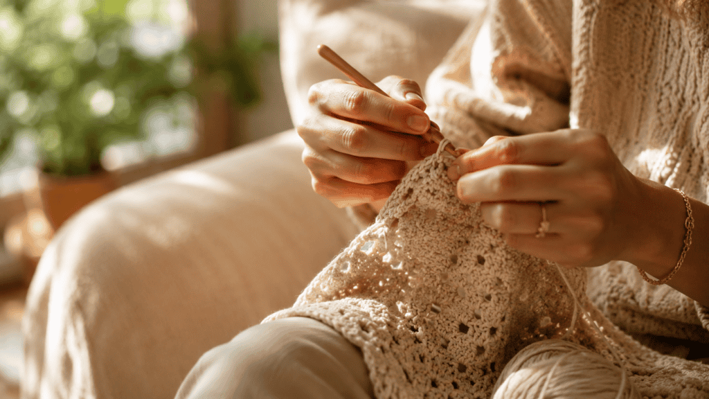 Person crocheting with a hook and yarn, showcasing modern crochet techniques.