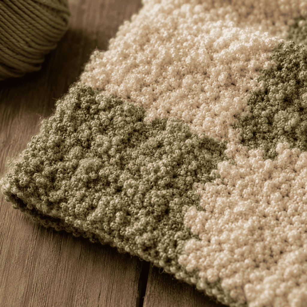 Close-up of a plush green and cream textured rug for home decor.