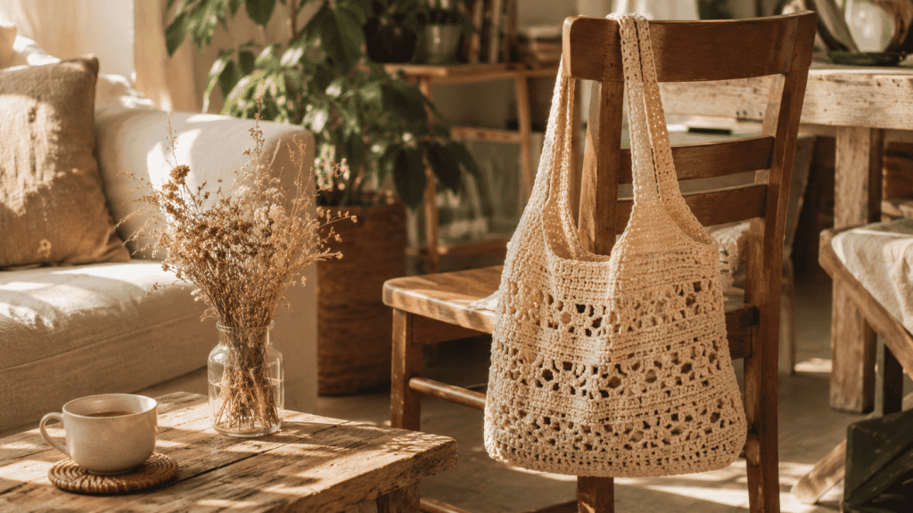 Handmade crochet tote bag hanging on a wooden chair in cozy home setting.